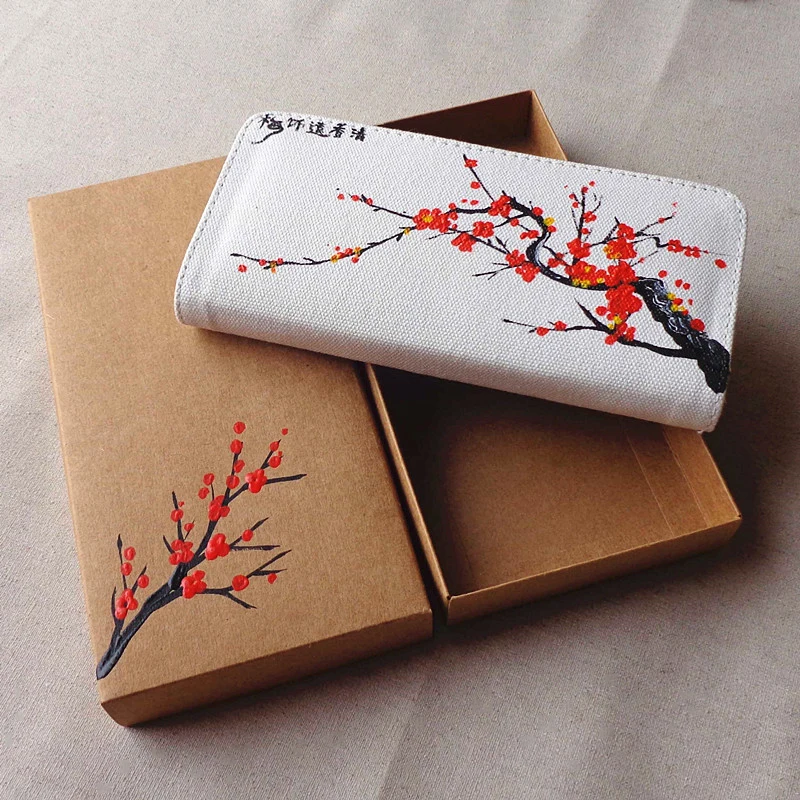 

Женский кошелек в китайском национальном стиле с ручной росписью и цветком сливы, длинный держатель для монет и карт, ретро клатч, сумка для девочек-подростков