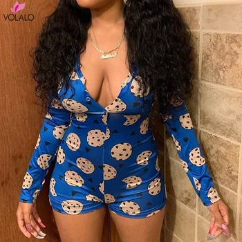 

Cute Ballon Rugby Short Sleeve Women Pajamas Deep V-neck Sexy Jumpsuit Sleepwear Button Adults Onesie Rompers Playsuit