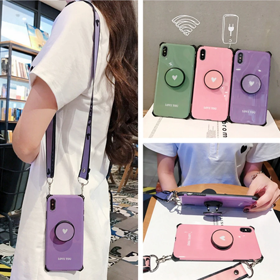 

shockproof strap tpu case for iphone X XR XS MAX 7 8 6 6s plus case cover fashion Anti-knock candy color holder soft silicone ph