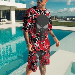 T shirt et Short pour hommes, ensemble de 2 pièces, surdimensionné, vêtements de sport, Streetwear, tête de mort imprimée en 3D 