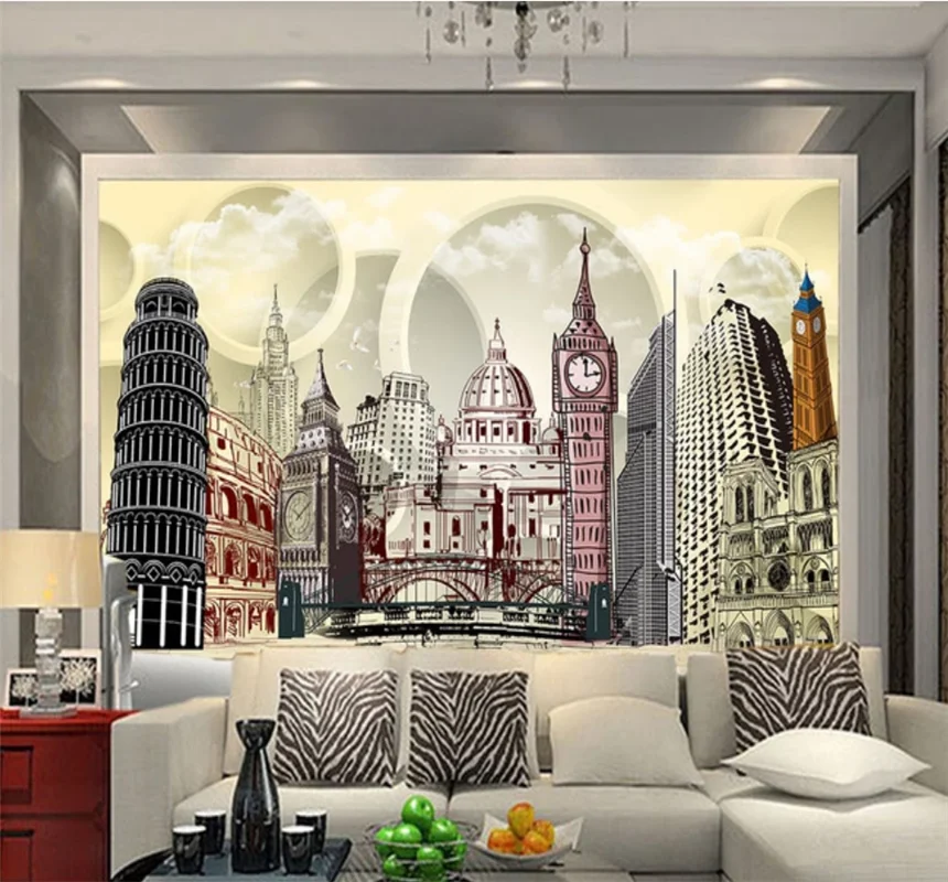 

Hand-painted illustration building photo wallpaper background wall custom wallpaper 3D/5D/8D mural