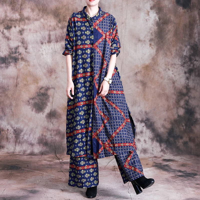 

Johnature 2019 Autumn New Vintage Style Casual Original Loose Women Sets Large Size Two-piece Wide Leg Pants Female Sets