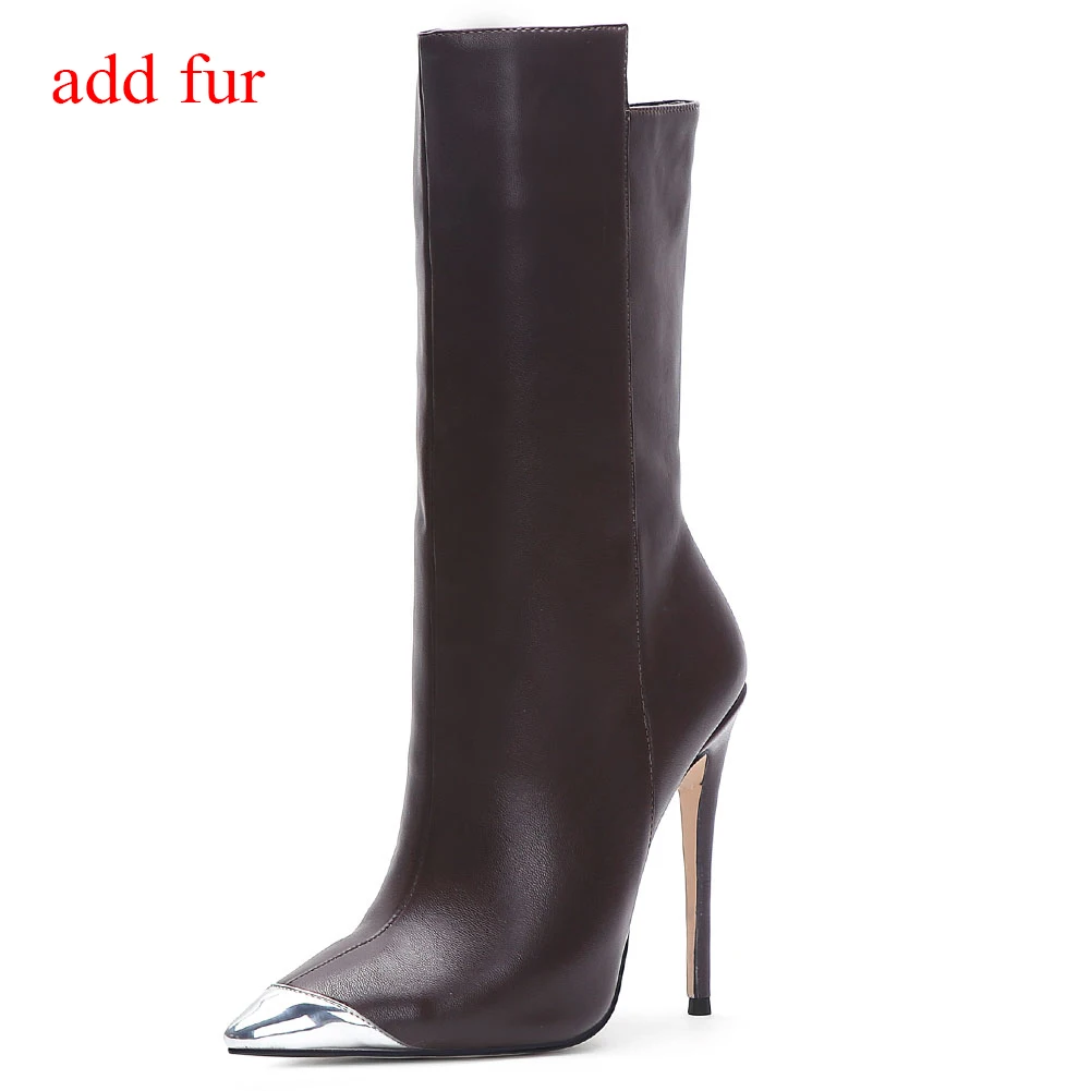 Doratasia/Новое поступление,, большие размеры 34-45, сапоги до середины икры с острым носком женская обувь на высоком каблуке с молнией женские ботинки - Цвет: brown add fur