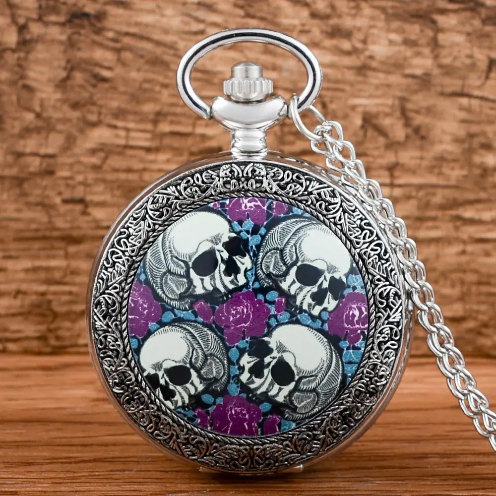 

IBEINA New Arrivals Steampunk Silver Skull Pocket Watch Chains Antique Men Women Skeleton Pendant Necklace Clock Gift