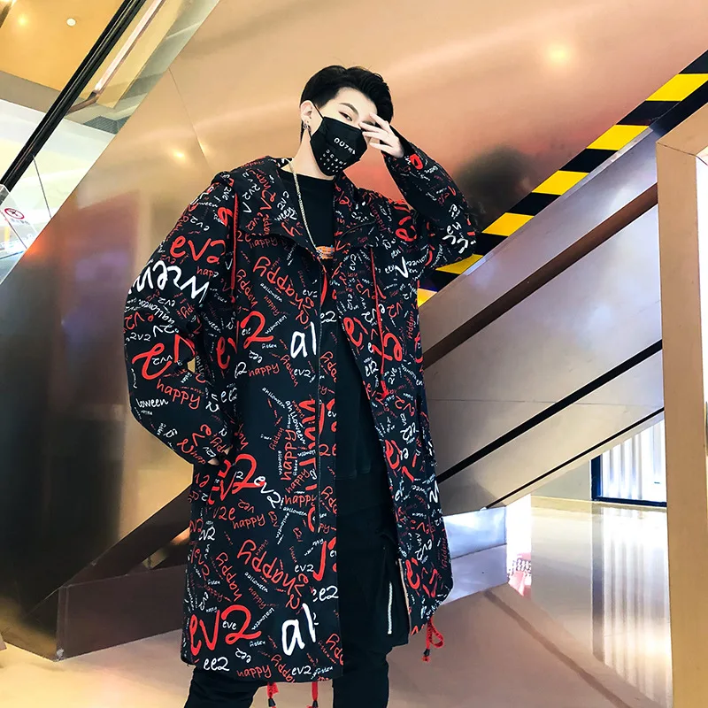 Новинка, длинная Мужская куртка, Тренч с буквенным принтом, модная ветровка Harajuku, пальто для ночного клуба, мужская повседневная верхняя одежда, WG578