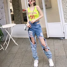 Новинка, летние рваные потертые джинсы, женские хип-хоп повседневные шаровары, модные уличные джинсовые штаны с высокой талией для женщин