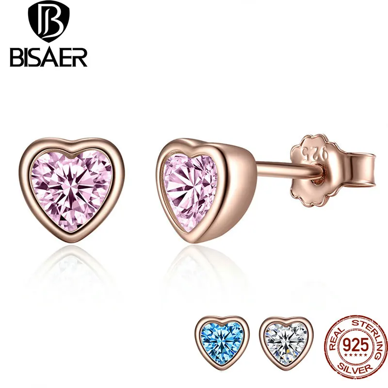 Серьги в форме сердца BISAER, 925 пробы, серебро, розовый CZ камень, сердце, любовь, серьги-гвоздики для женщин, хорошее ювелирное изделие, GOS452