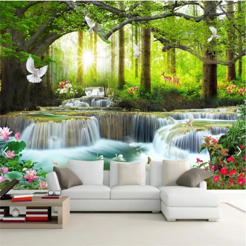 3d Photo Wallpaper Nature Green Big Tree Forest Waterfall Background