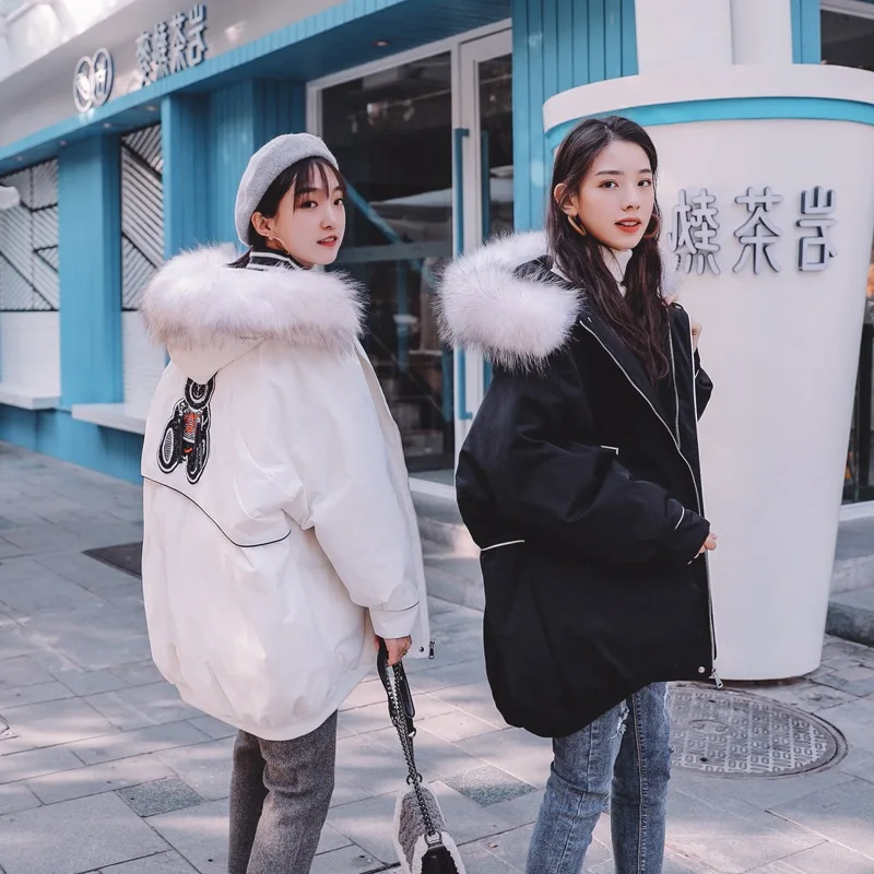 

2019chic Bear Embroidered White Covered Edge Jacket Cotton Coat Hooded Large Fur Collar Best Friend Korean-style Loose-Fit Cotto