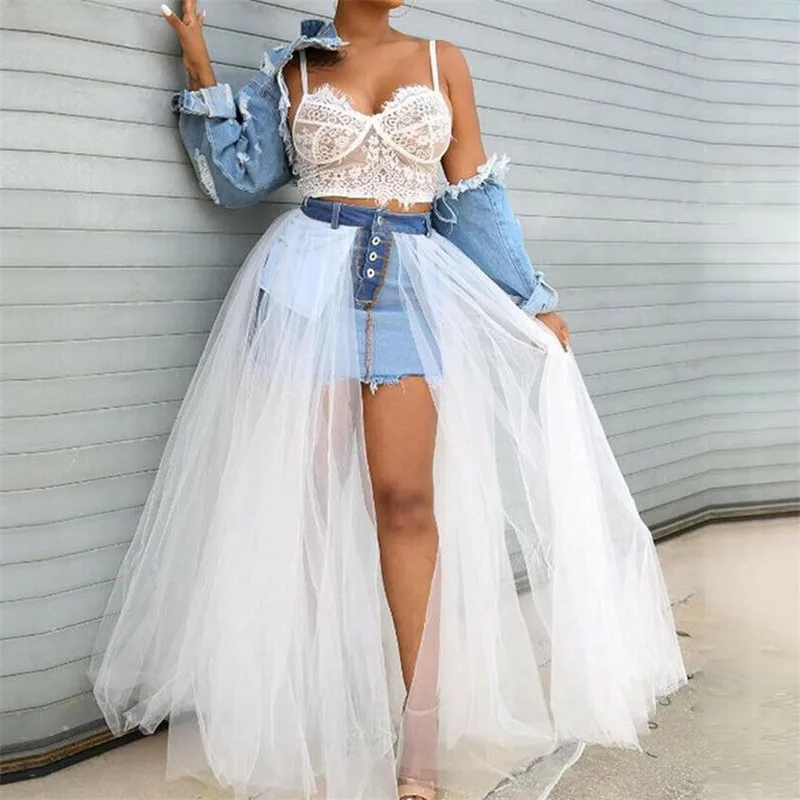 Female Summer Long Skirt New Fashion Sheer Mesh Lace Skirts Solid Color Tulle Jeans Patchwork Beach Hoilday Underskirt Women Hot