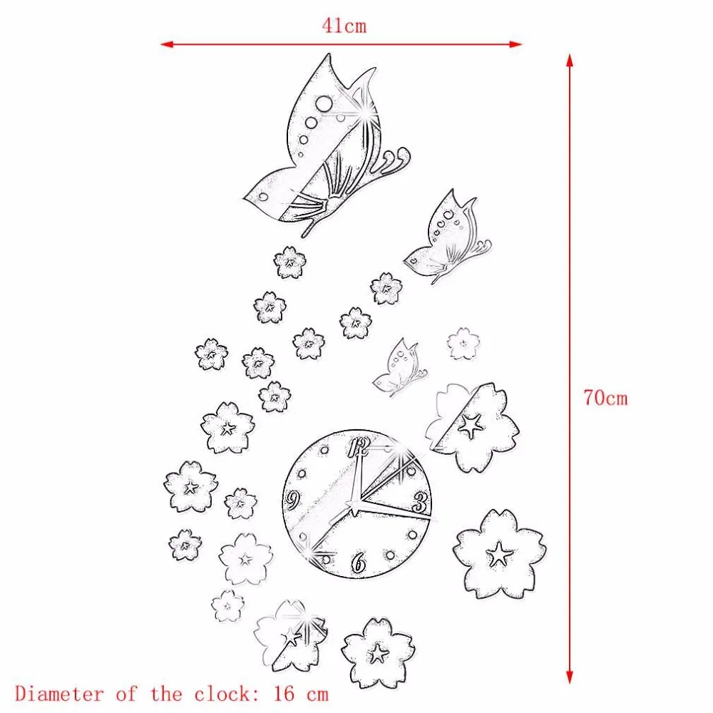 Новинка, 2 цвета, зеркальные настенные наклейки, 3D часы, узор бабочки, CA005, украшение для дома, Современные Кварцевые часы для гостиной