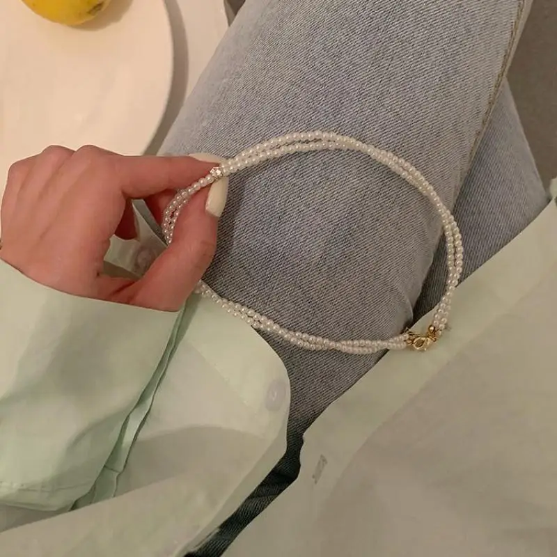 Korean Version Of Necklace Fashion New Temperament Fairy Crystal Pearl Double Necklace Women Bijoux Femme
