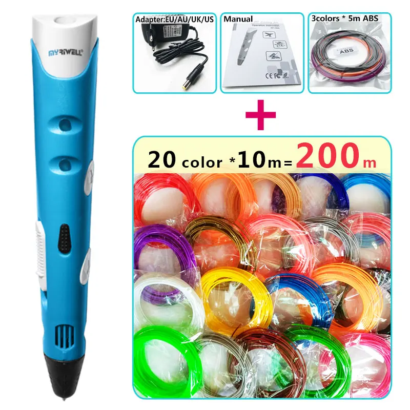 Myriwell 3d Ручка 3d ручки, 1,75 мм ABS/PLA нити, 3 d ручка подарок на день рождения ребенка, 3d печать pen3d модель - Цвет: and 20color 10m silk