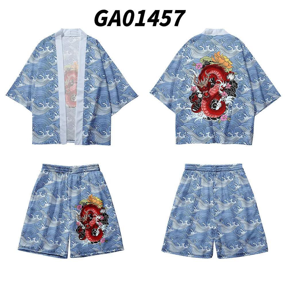 

Wave Dragon Printed Kimono Couple Women Men Japanese Traditional Casual Loose Cardigan And Shorts Set Asian Clothes Harajuku