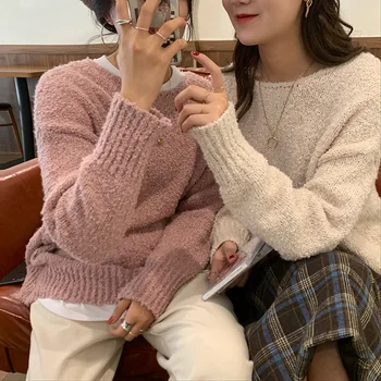 

Lazy basic off shoulder round neck sweater women's autumn and winter 2019 Korean casual Pullover sweaters