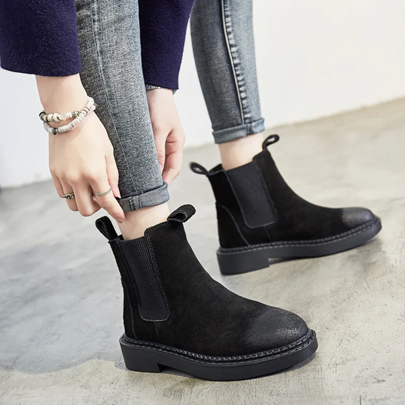 

Winter Slip-On Chelsea Boots Women Ankle Round Toe Boots Med Solid Square Heel Ladies Shoes
