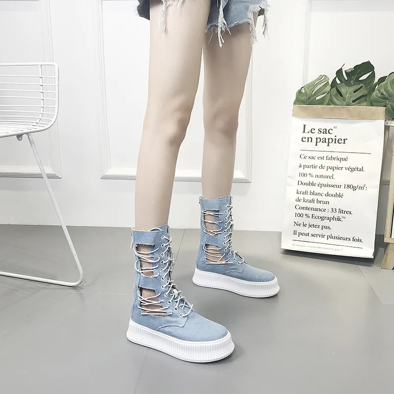 

Spring 2019 new Korean lace-up hollow canvas denim sponge cake thick bottom boots Martins boots women's shoes tide