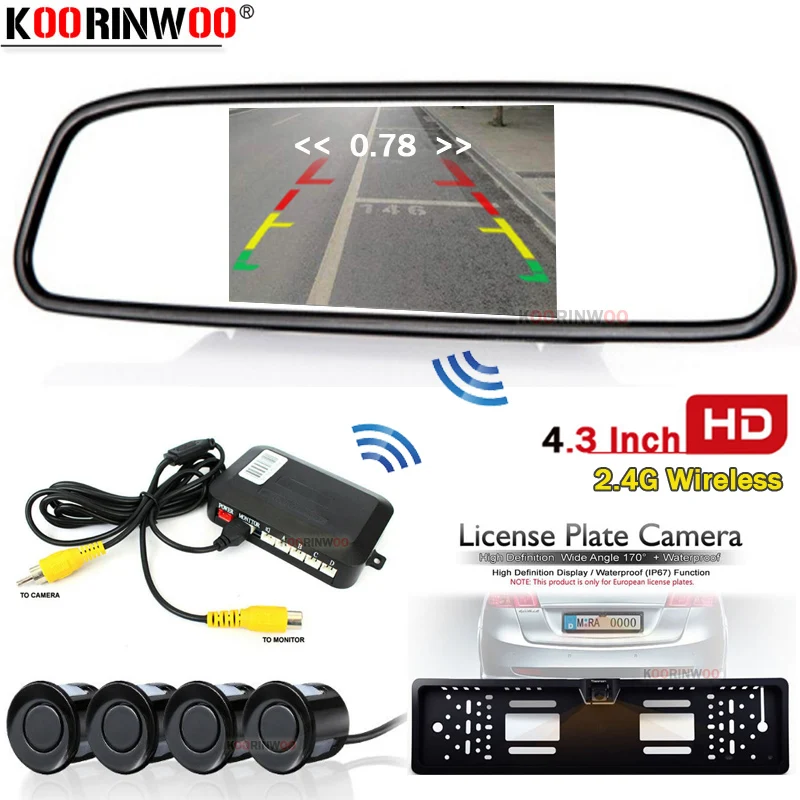 

Koorinwoo Car License Frame Camera Parking Sensor Black blind Probes Parktronic Rear camera Show Distance on Screen Video System