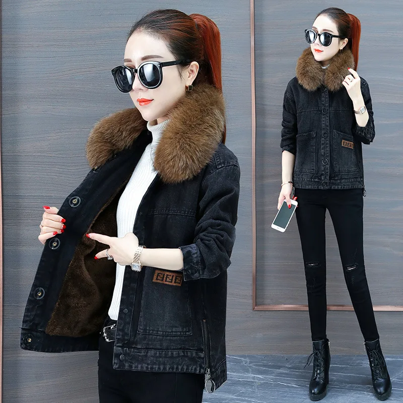 

Korean-style Loose Autumn And Winter Cowboy plus Velvet Short Long-sleeved Coat 2019 New Style Thick Raccoon Fur Collar Cotton T