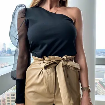 

Women Mesh Sleeve One Shoulder Blouse Top Summer Sexy Ladies Long Sleeve Solid Tops Streetwear