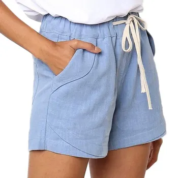

Summer Women's Drawstring Elastic Waist Casual Solid Comfy Cotton Linen Beach Shorts Summer Fashion Clothing