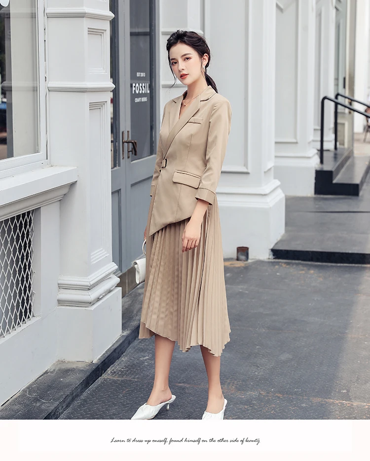 Notched Neck Pleated Dress Women Autumn Winter Casual 3/4 sleeve A-line Dresses office OL Wear To work Business Vestidos