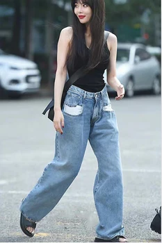 

2020 Spring And Summer New Youth Popular Solid Color High Waist Straight Jeans Fashion Casual Wild Wide Leg Mopping Pants Blue