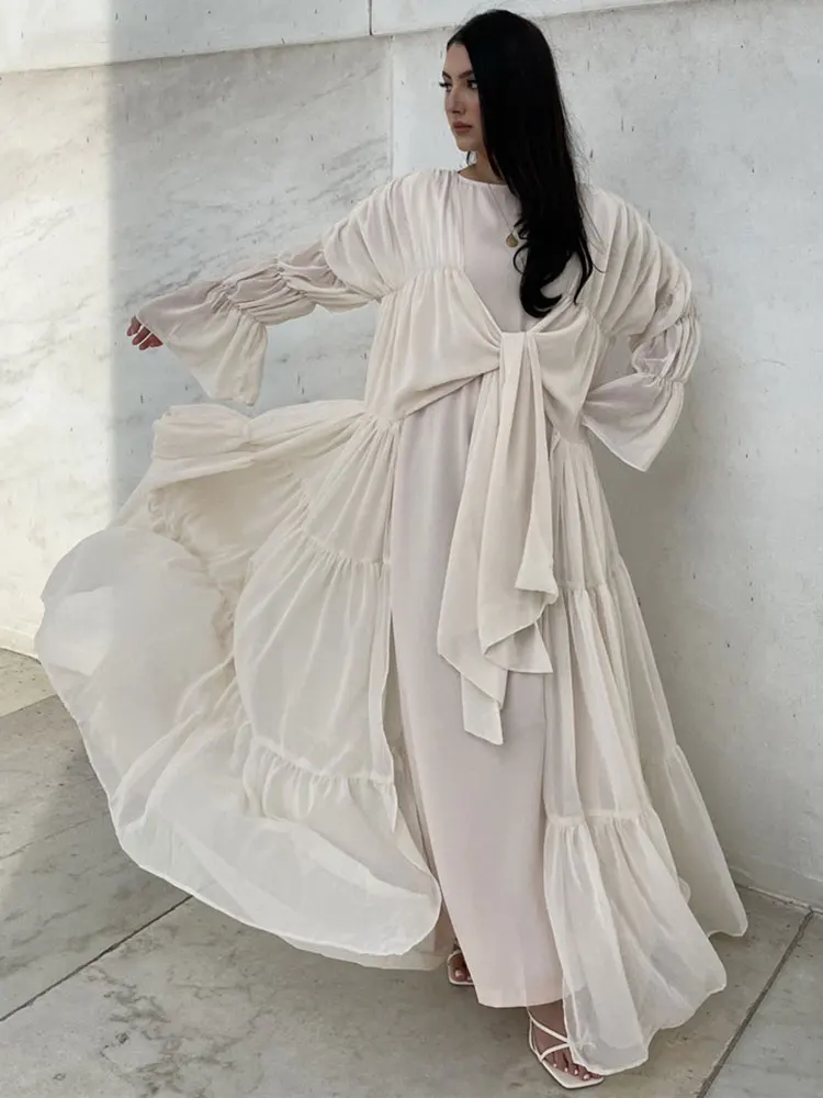 

Eid Pleated Open Abaya Dress Women Chiffon Wrap Front Muslim Hijab Robe Islam Dubai Turkey Modest Outfit Kaftan Summer Abayas