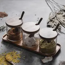 Caja de madera para condimentos, utensilio de cocina para azúcar y sal, con cubierta de vidrio, para almacenamiento de especias