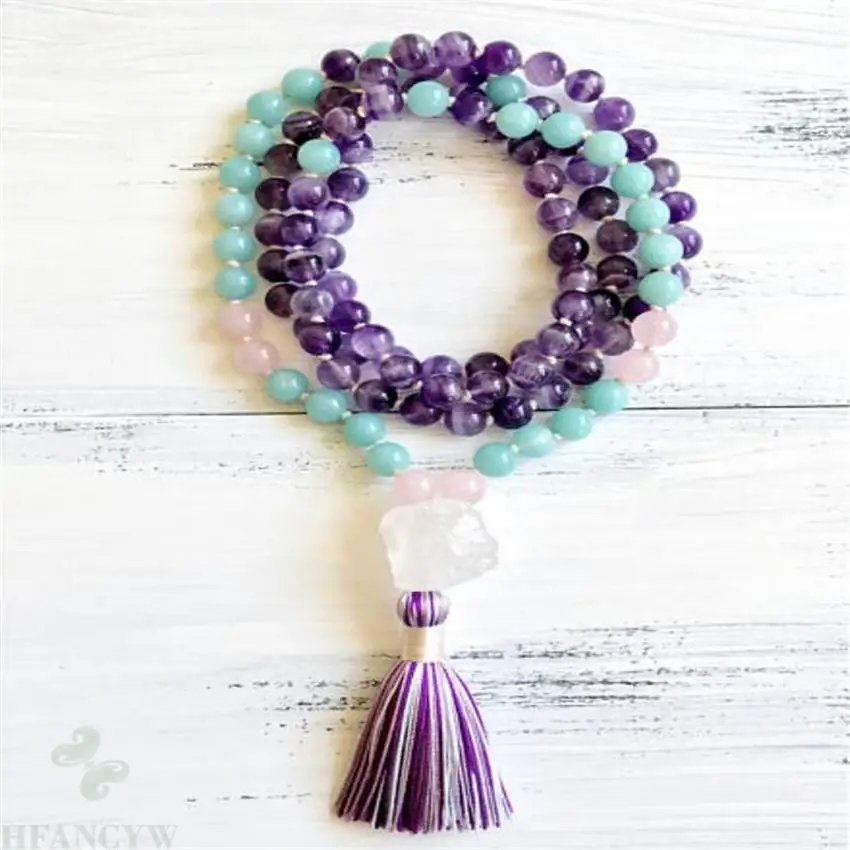 

Браслет с аметистом, 8 мм, 108, аквамарин, мала, ожерелье, кисточка, драгоценный камень на удачу, причудливый монах, исцеляющий буддизм, Мужская кисточка