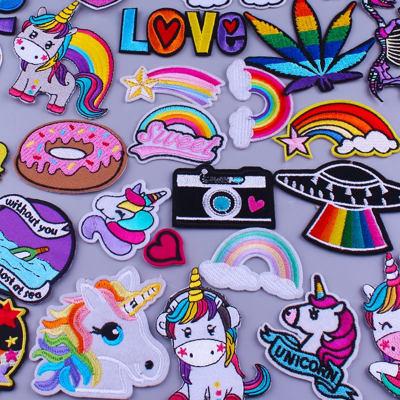 Prajna Hippie Unicorn Patches Embroidered Patches For Clothing DIY Magic Rainbow Stripes Iron On Patches For Kids Cloth Applique