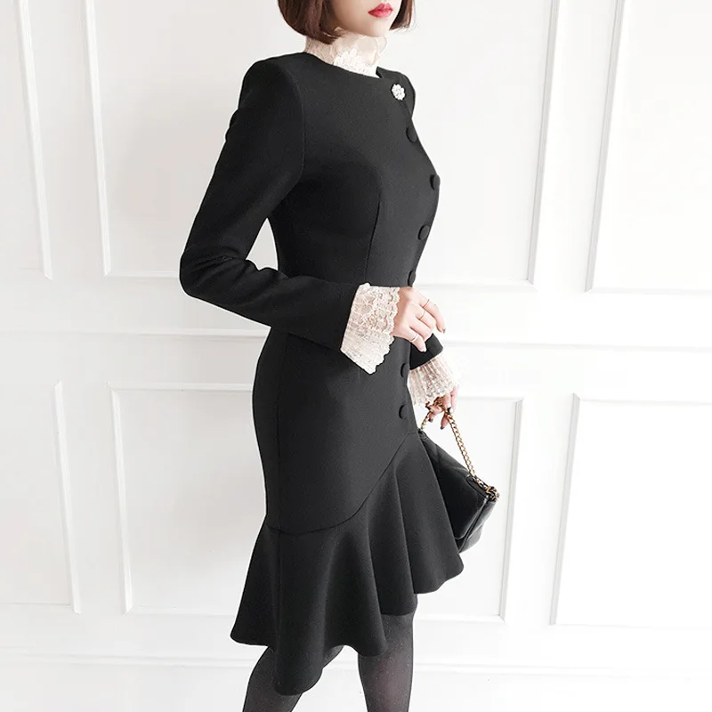 

2020 Spring Clothing New Products Ol Career Elegant Crew Neck Single Breasted Slim Fit Slimming Flounced Fishtail Dress Women's