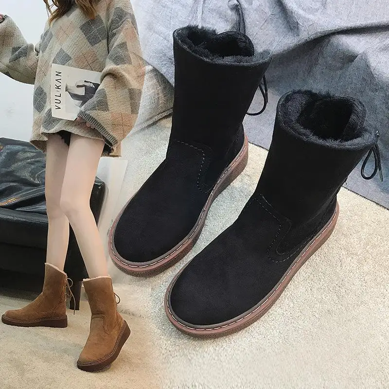 

SWYIVY Plush Fur Cotton Padded Shoes Female Winter Snow Boots Wedge 2019 New Back Lace Up Women Winter Shoes Ankle Boots Wedges