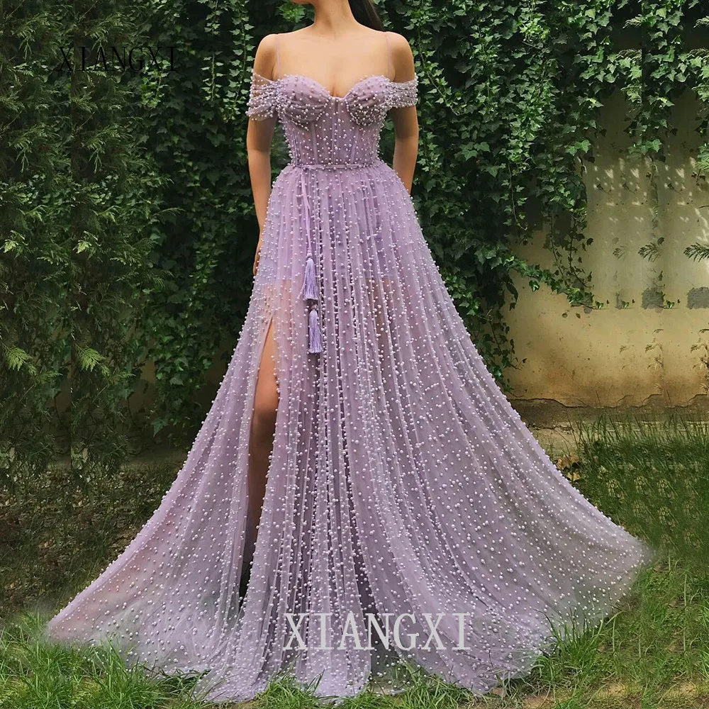 

Charmante perles violet robes de soirйe 2020 йpaules nues longue robe de soirйe йlйgant cфtй manches ouvert fente une ligne robe