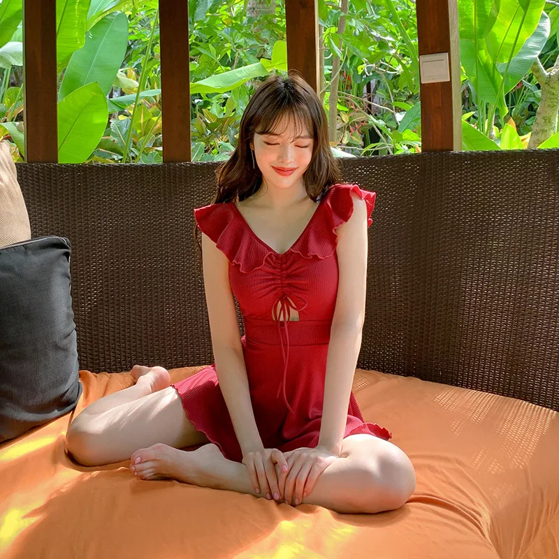 

INS-Style 2019 New Style Fairy Style Bathing Suit Women's One-piece Hot Springs Cover Meat Skirt Belly Covering Slimming South K