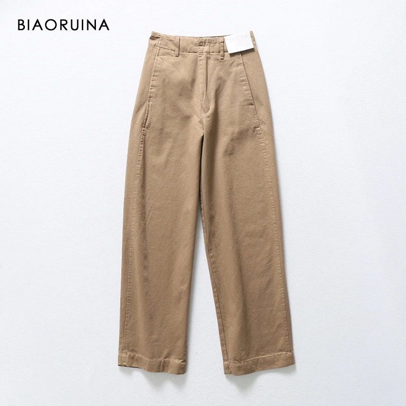

BIAORUINA 4 Colors Women's Casual High Waist Wide Leg Pant Female All-match Vintage Straight Pant Trouser New Arrival