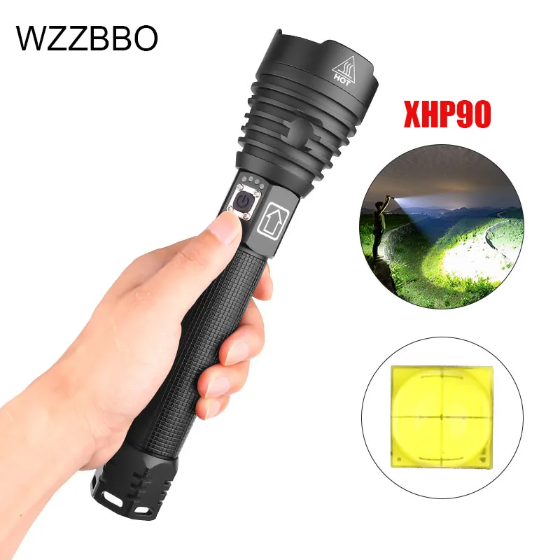 

300000 LM XHP90 LED Flashlight Zoom USB Rechargeable Power Display Powerful Torch 18650 26650 Handheld Light