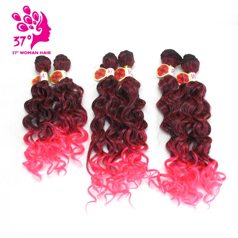 Feixes de Cabelo Extensões do Cabelo Água Tecelagem Ombre Preto Rosa Cor Tecer Cabelo Encaracolado Sintético 6 Pçs – Lote 16 18 14 Polegadas