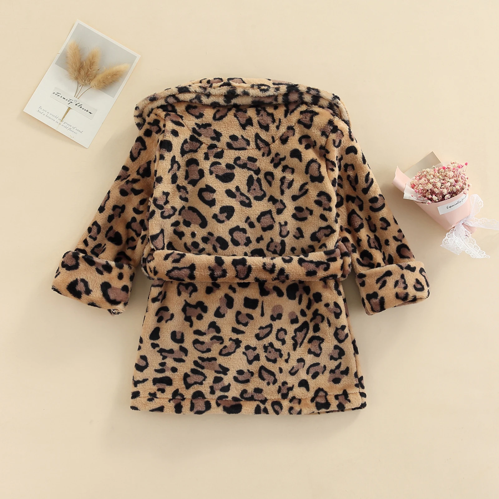 FOCUSNORM 1-6Y Autumn Winter Kids Girls Flannel Bathrobe Solid Color/Leopard Print Long Sleeve Sleeping Robe with Belt