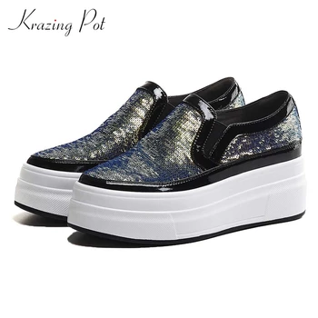 

Krazing Pot 2019 cow leather colorful sequined cloth slip on waterproof white sneaker round toe platform vulcanized shoes L22