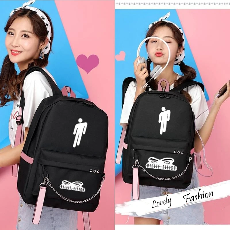 Холщовый Рюкзак Billie Eilish с USB зарядкой, Женский студенческий рюкзак, модный школьный рюкзак с буквенным принтом, рюкзак с лентами для девочек-подростков