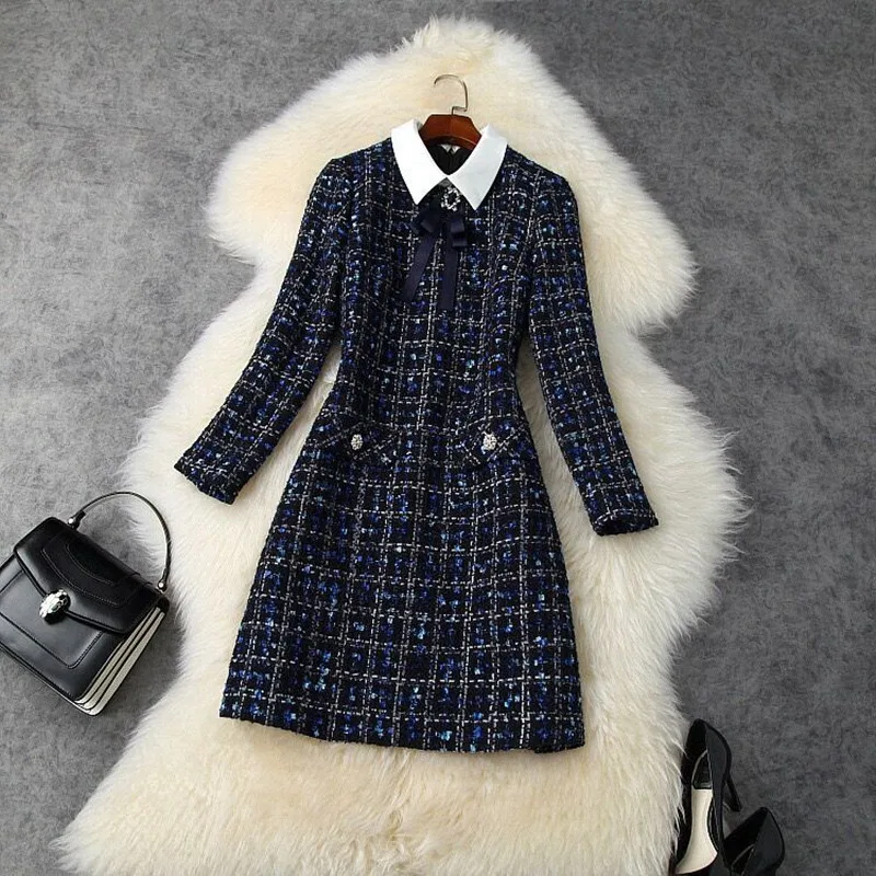 Autumn Winter Women Long Sleeve Diamonds Button Vintage Woolen Short Dress Fashion Designer Navy Blue Plaid Bow Tie Tweed | Женская