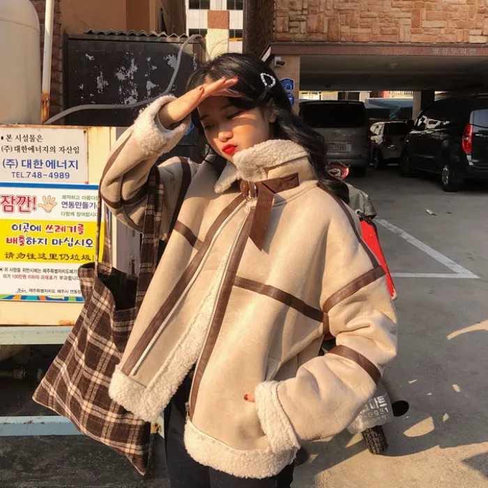 

South Korea Spring INS Super Fire Retro Loose-Fit Stand Collar Suede Joint Lambs Wool Warm Thick Cotton Coat
