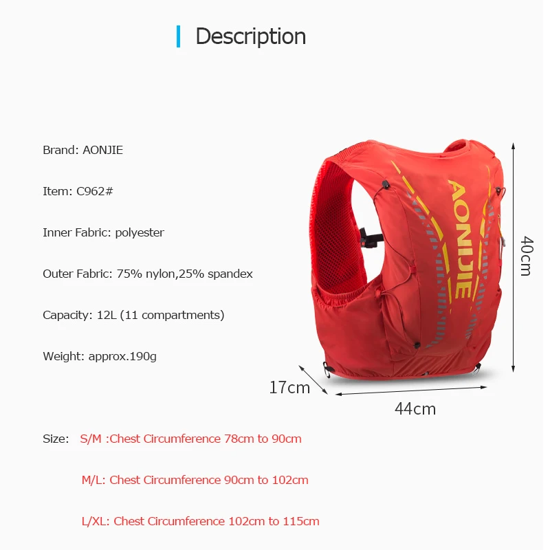 US $45.90 AONIJIE C962 Advanced Skin 12L Hydration Backpack Pack Bag Vest Soft Water Bladder Flask for Hiking Trail Running Marathon Race