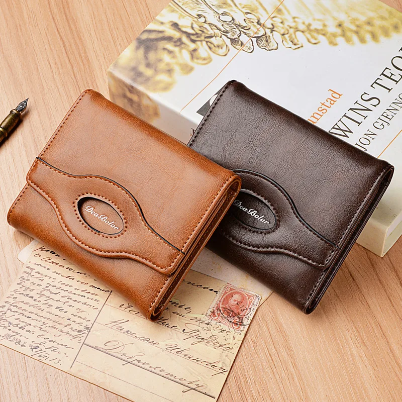 Hot Sale Hasp 3 Fold Vintage Multifunction Short Wallet Men Wallets Coin Pocket Zipper Man PU Leather Small Card Holder Photo