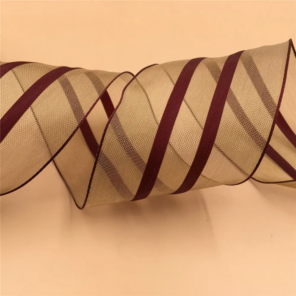 

63MM X 25 Yards Wire Edge Burgundy Stripe Gold Metallic Ribbon for Birthday Decoration Gift Wrapping 2-1/2"