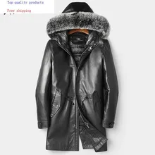 Мужское пальто из овчины, натуральная кожа, зимний пуховик на утином пуху, мужская куртка с воротником из лисьего меха, длинное пальто с капюшоном, 81Z1801 YY278