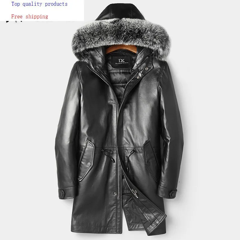 

Men's Sheepskin Coat Genuine Leather Winter Duck Down Jacket Men Fox Fur Collar Hooded Long Coat 81Z1801 YY278