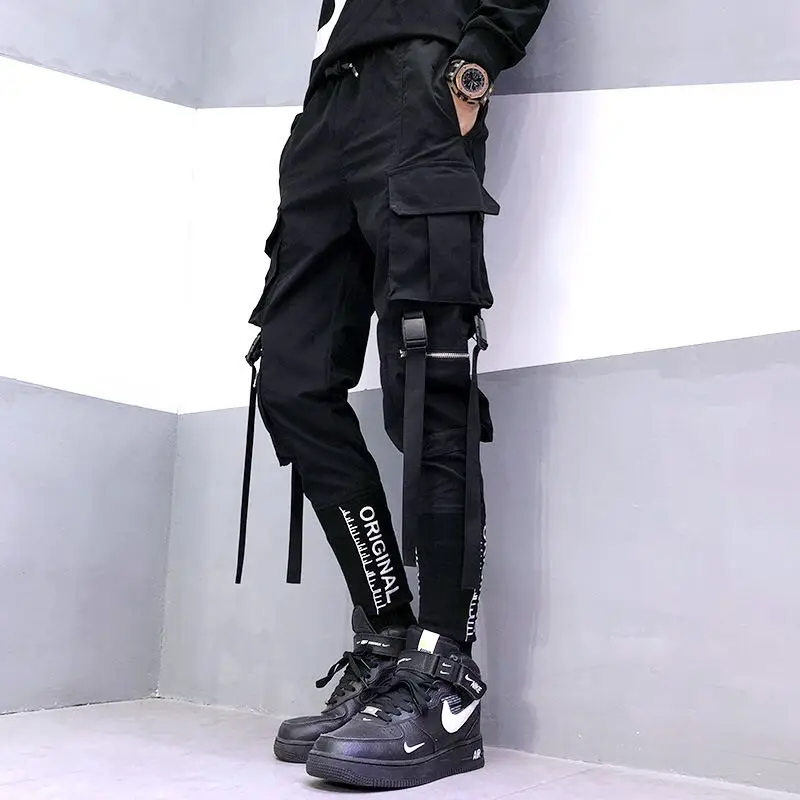 Hip Hop Men Ribbons Cargo Pants Fashion Harajuku New Elastic Waist Casual Streetwear Mens Joggers Trousers Black men jogger pants men jogger sweatpants