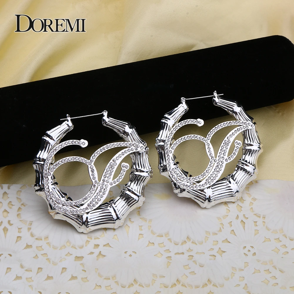 DOREMI A-Z Bling Name Bamboo Earrings Crystal Custom Hoop Bamboo Names Earrings Letter  Big Personalised Name Earring Women Gift